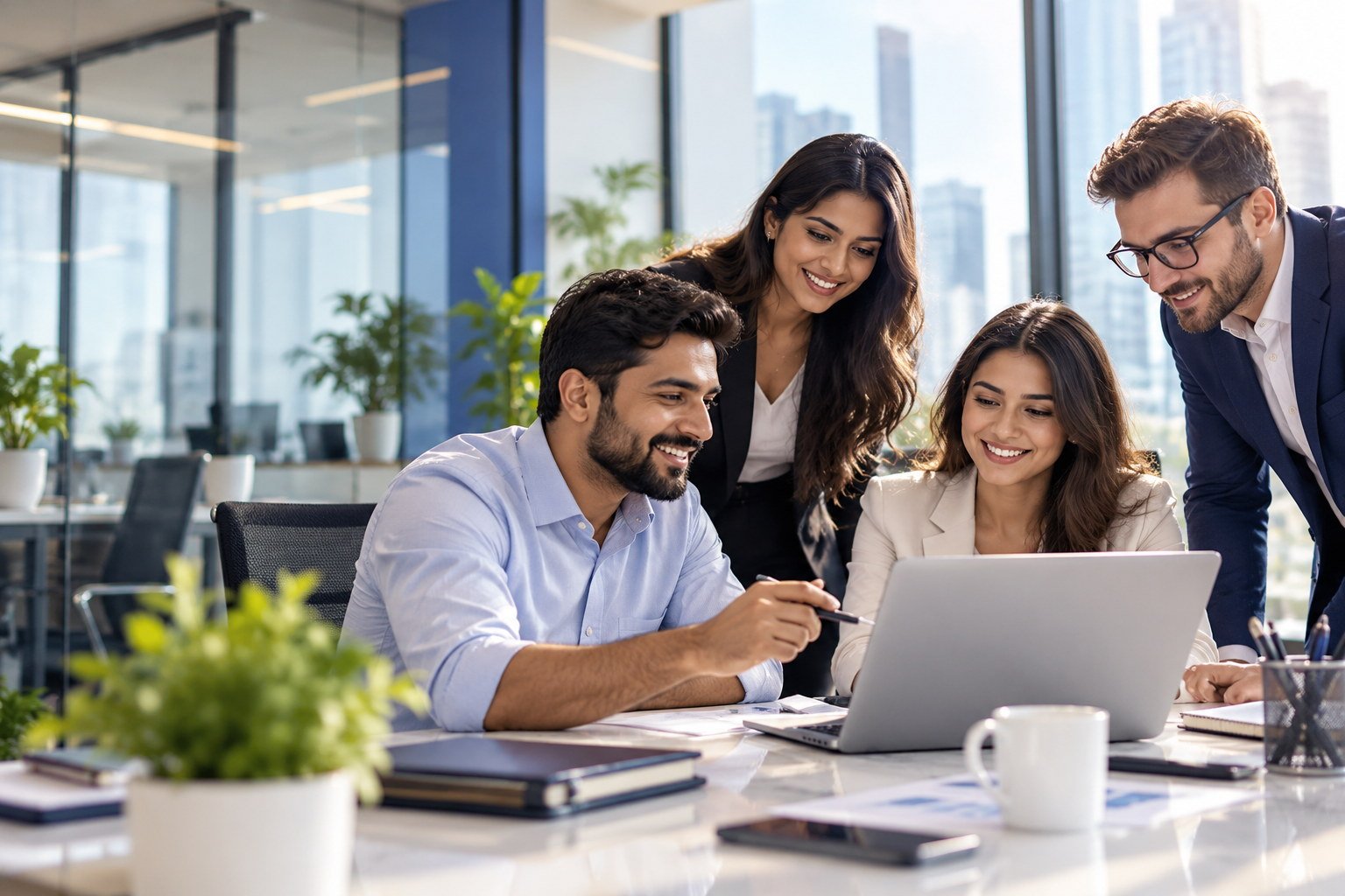Colleagues collaborating around a laptop in a modern office